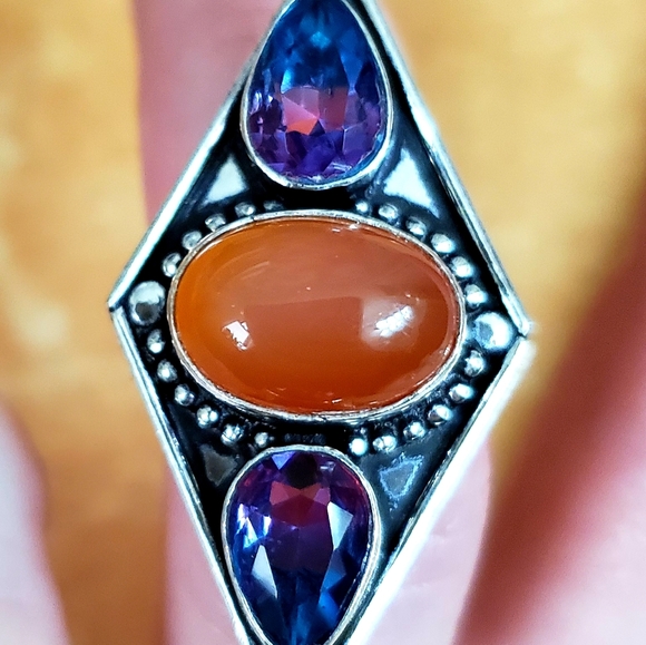 New Carnelian and Bi-Color Tourmaline 925 Silver Ring. - Picture 3 of 12